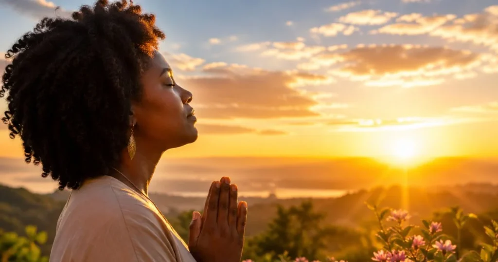 african american monday blessings woman praying at sunrise peaceful morning