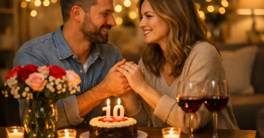 happy couple celebrating anniversary with candles and flowers