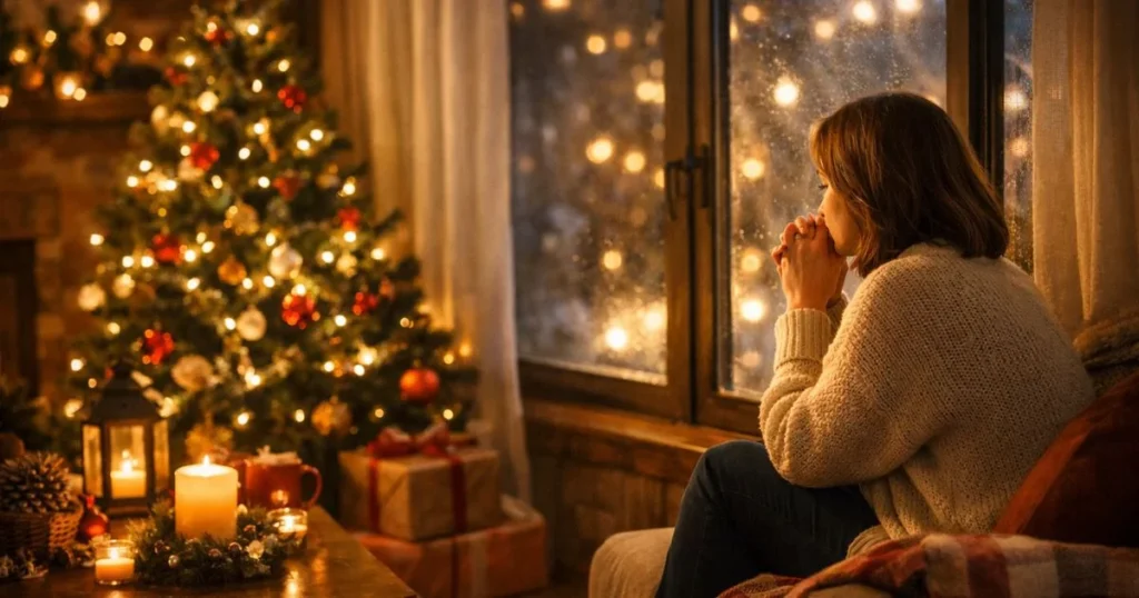 Christmas blessings peaceful prayer scene with tree and lights