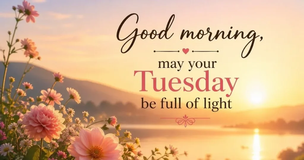 good morning tuesday blessings image with sunrise and flowers
