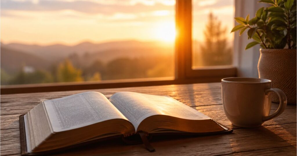 monday prayer with bible and sunrise peaceful morning