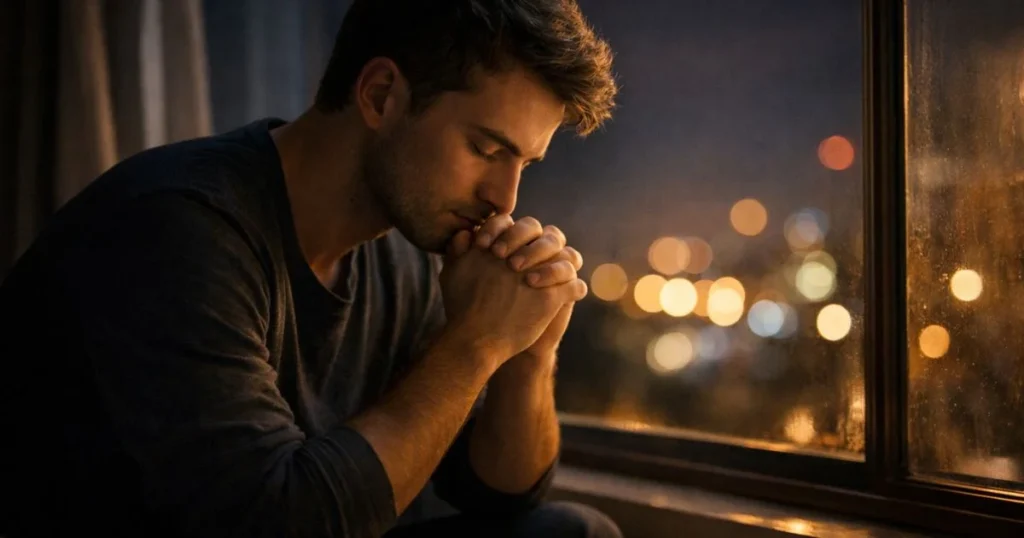 man praying for his girlfriend with calm emotional expression