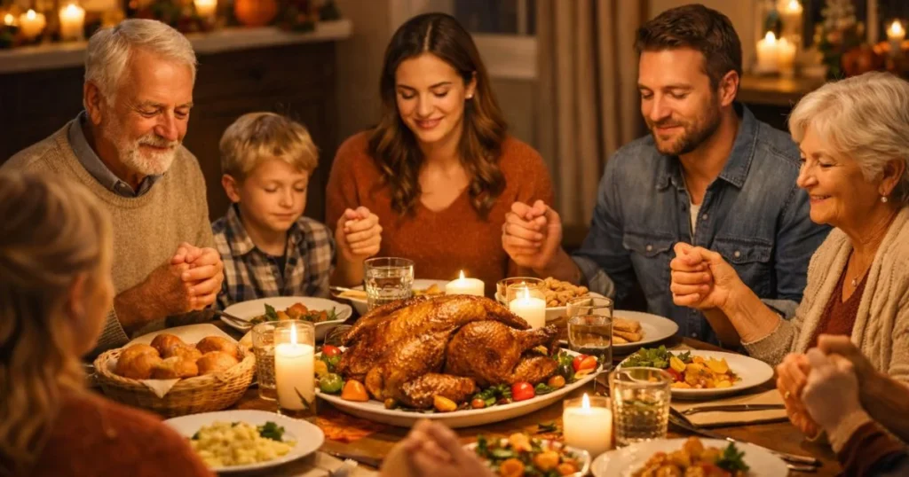 family praying together before thanksgiving dinner