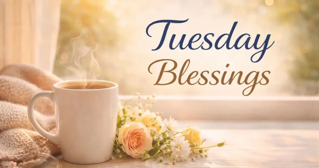 tuesday blessings image with coffee cup and warm morning light