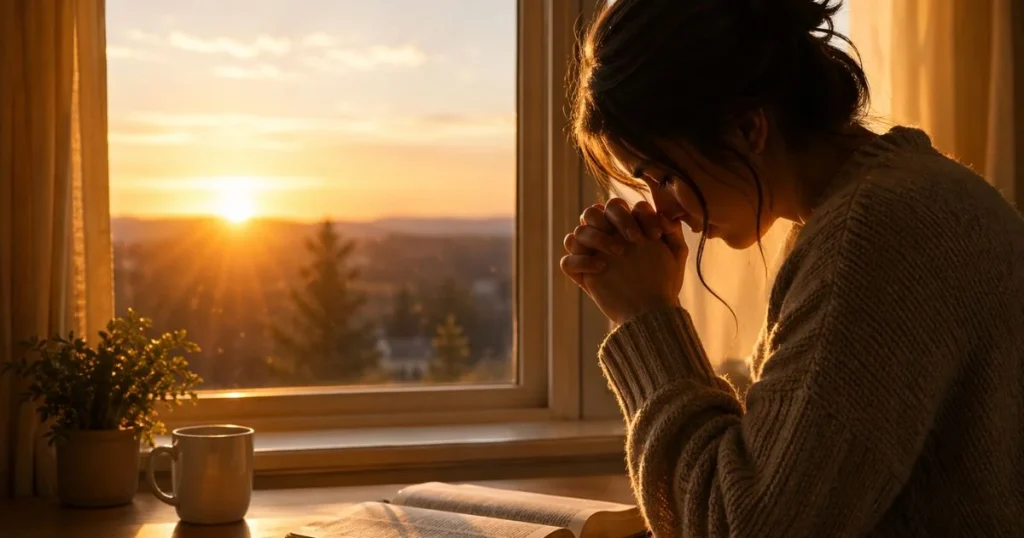 person praying during peaceful Wednesday morning sunrise
