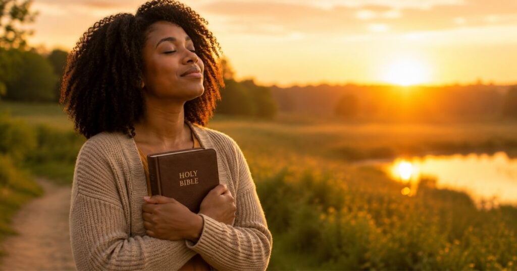 African American woman holding Bible during peaceful Wednesday sunrise