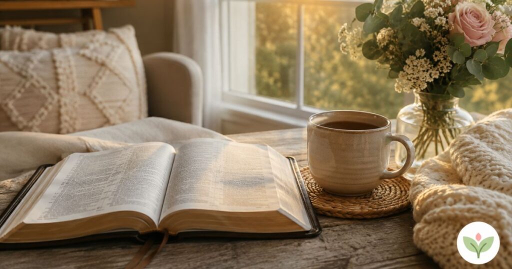Good morning Friday blessings with Bible coffee and peaceful sunrise