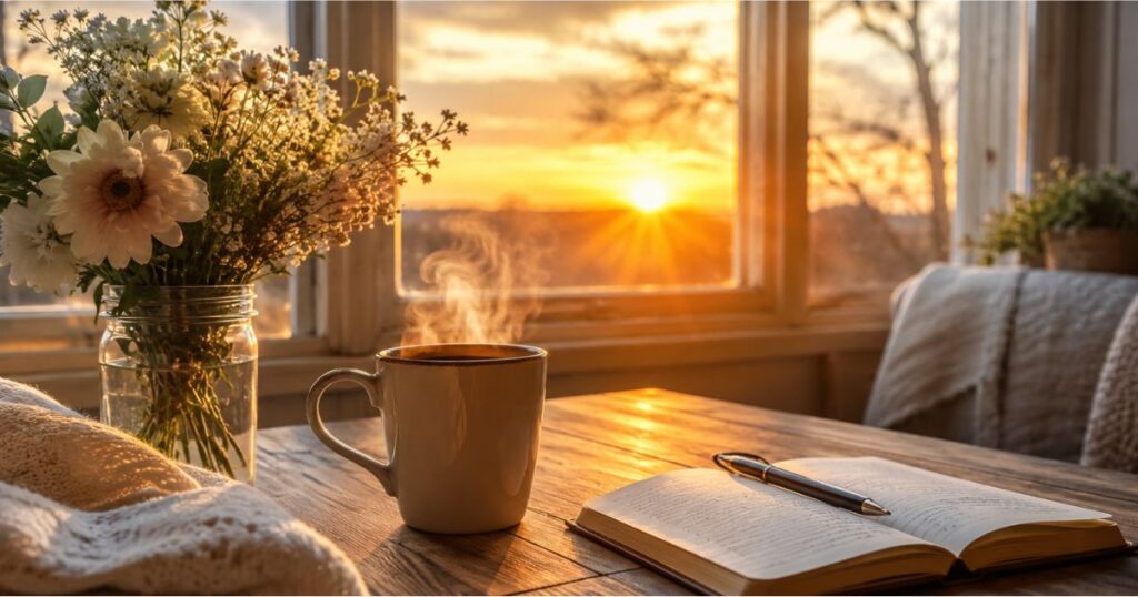 Good morning Saturday blessings peaceful sunrise with coffee and flowers