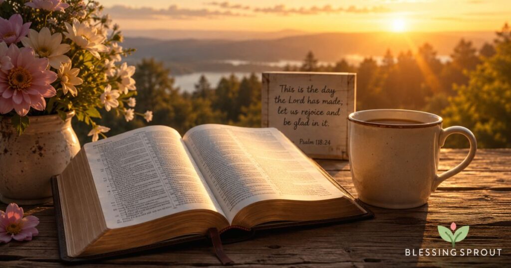 Good morning Thursday blessings sunrise image with Bible and coffee