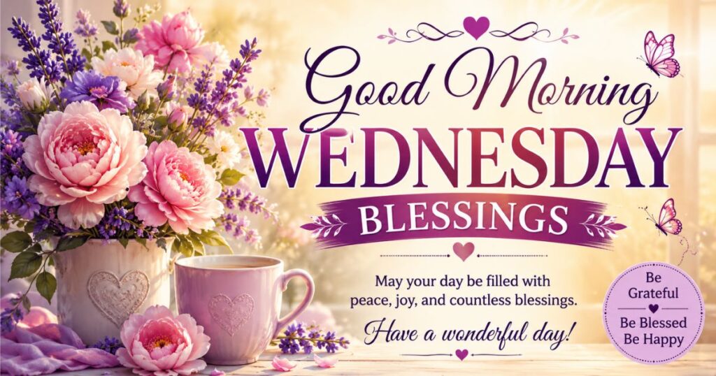 Good Morning Wednesday Blessings with flowers and uplifting morning message