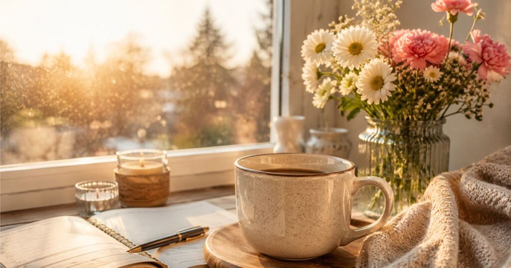 Happy Friday quotes cozy coffee and flowers weekend mood