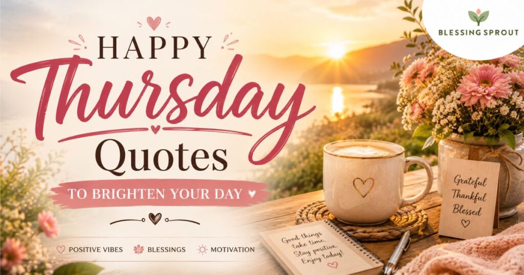 happy Thursday quotes featured image with flowers and sunrise