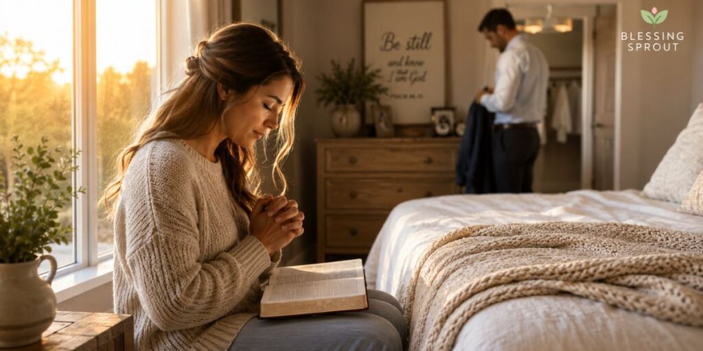 Wife praying for her husband in peaceful morning light at home