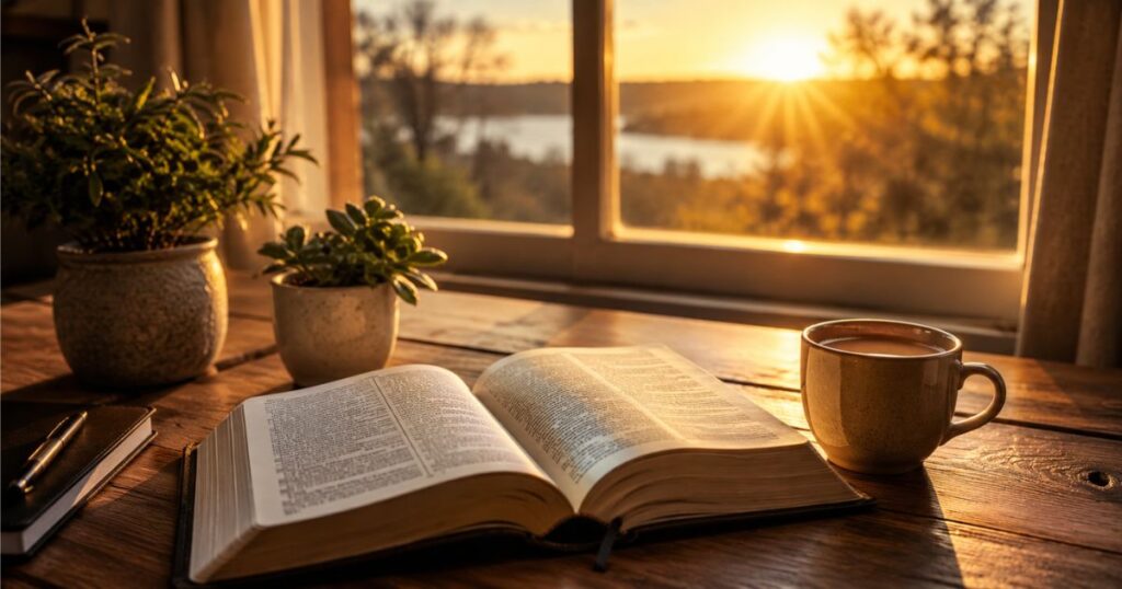 Saturday blessings with Bible verses peaceful morning prayer scene