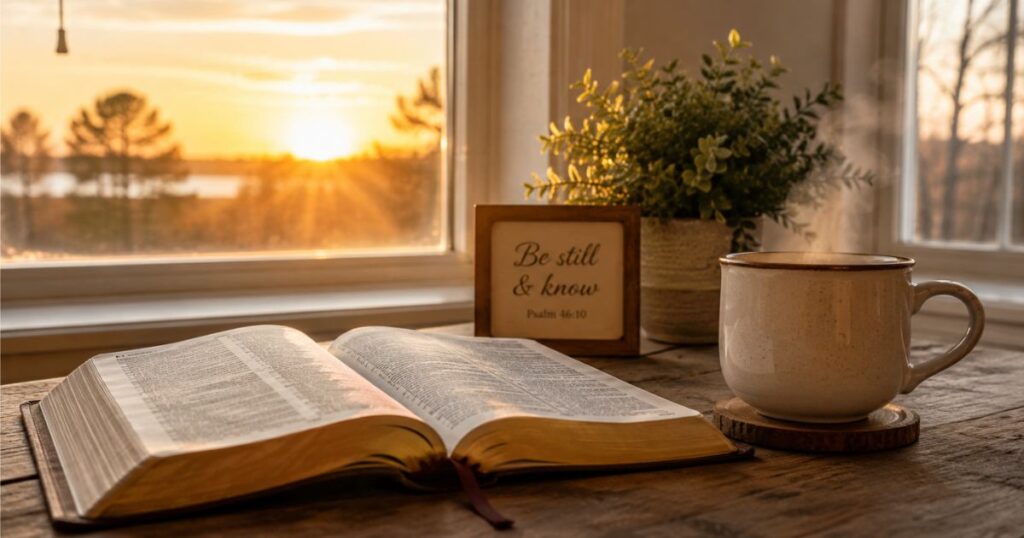 Peaceful Tuesday morning prayer with Bible and coffee at sunrise