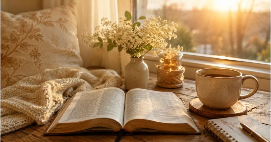 weekend friday blessings with peaceful Bible and coffee on cozy Friday morning