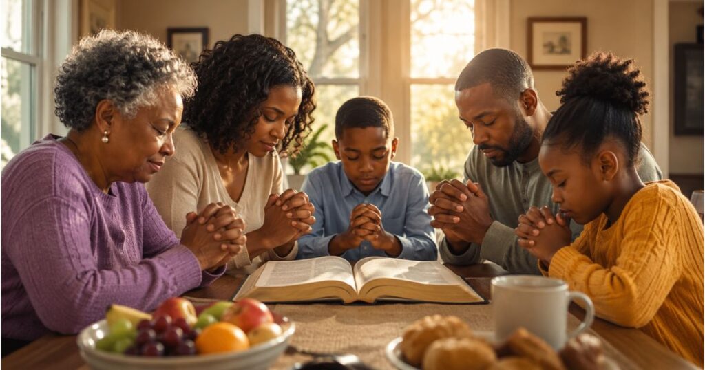 African American Saturday blessings with family praying together at sunrise