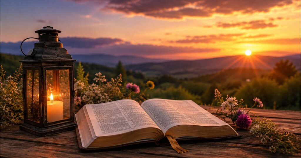 Good Evening Bible Verses with peaceful sunset and open Bible