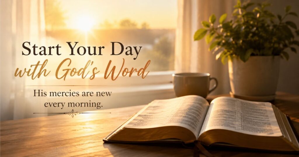 Peaceful sunrise with an open Bible representing good morning Bible verses and daily devotion