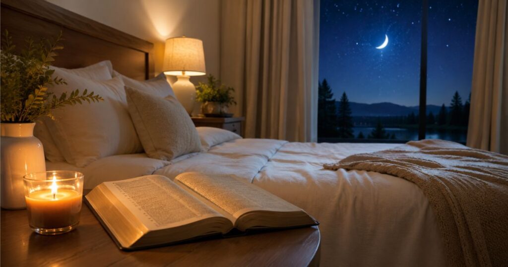 Good night prayer with open Bible and moonlit bedroom
