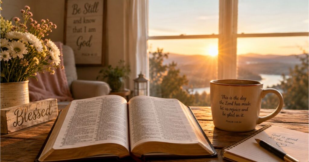 Saturday blessings and prayers with Bible, coffee, and sunrise