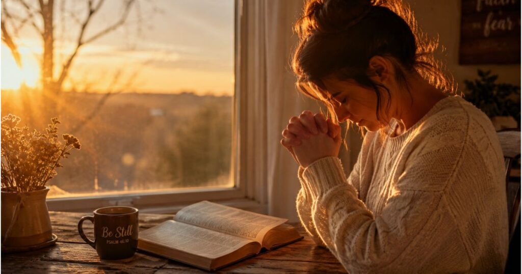 Woman praying during Saturday morning prayer beside an open Bible at sunrise