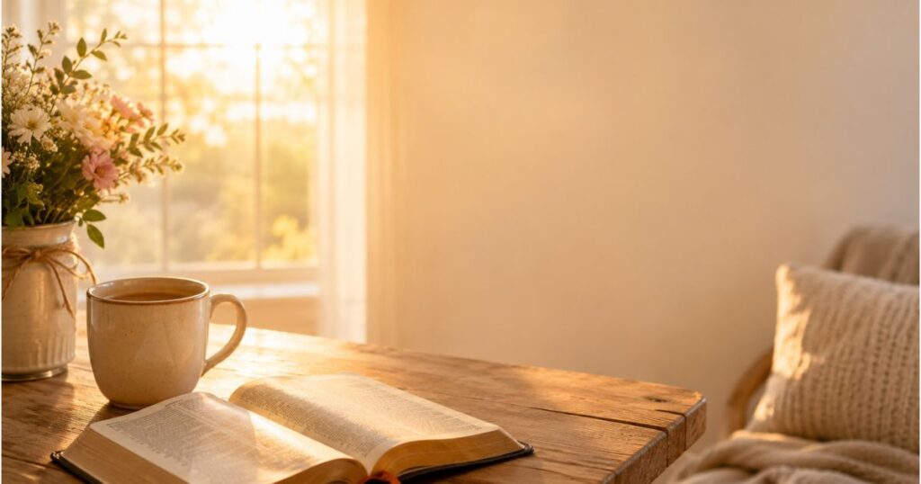 Sunday blessings for family with open Bible, coffee cup, and peaceful morning sunlight