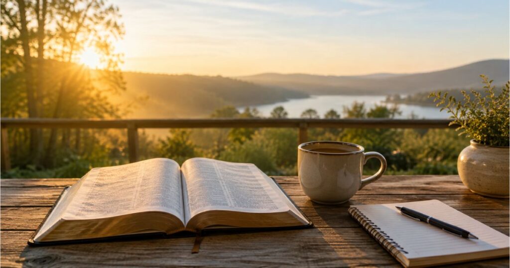 Thankful Monday Blessings with Bible and coffee at sunrise