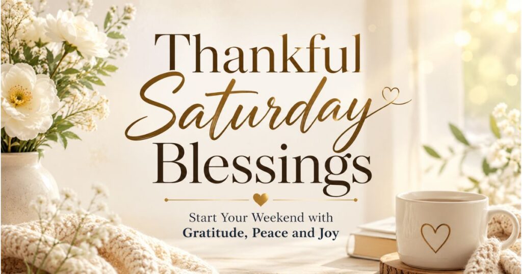 Thankful Saturday Blessings with peaceful flowers and gratitude message
