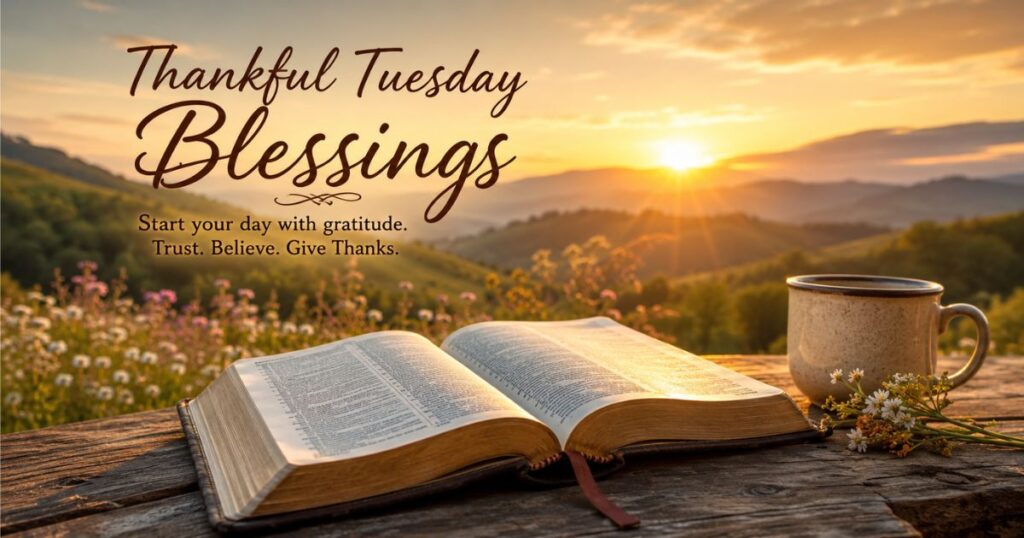 Thankful Tuesday blessings with sunrise, Bible, and peaceful morning setting