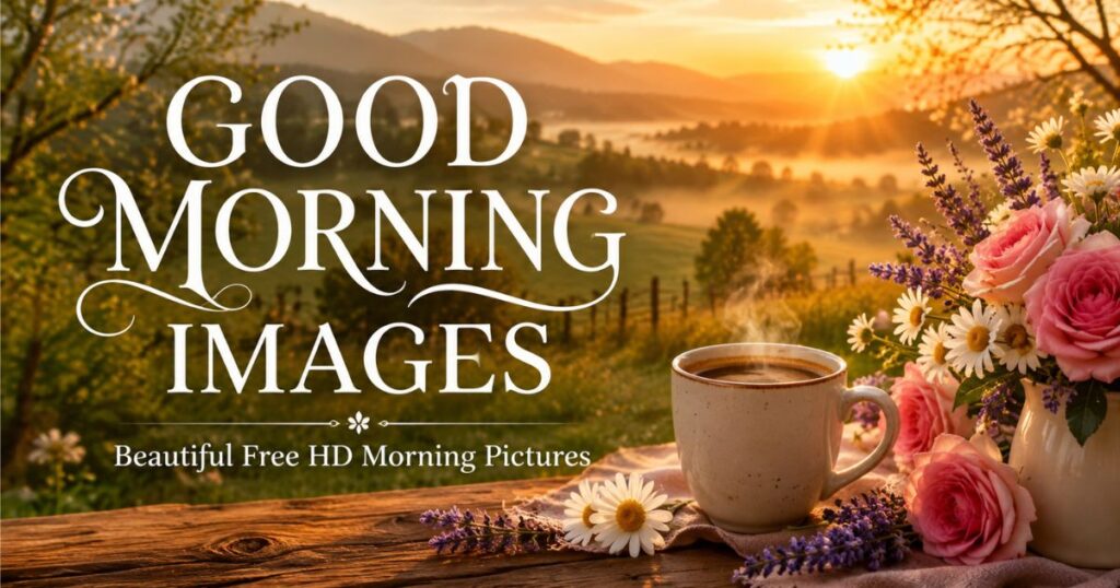 Beautiful good morning images with sunrise flowers and coffee